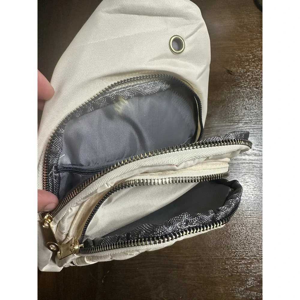 Ivory Quilted Sling Bag Zip Closure Adjustable Strap Women Casual Gold Hardware